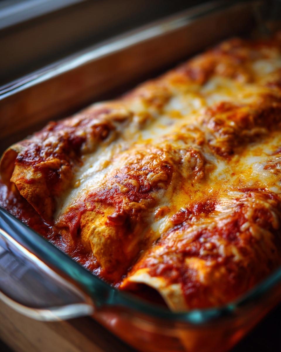 Close-up of bubbling chicken enchiladas covered in red sauce and melted cheese in a glass baking dish.