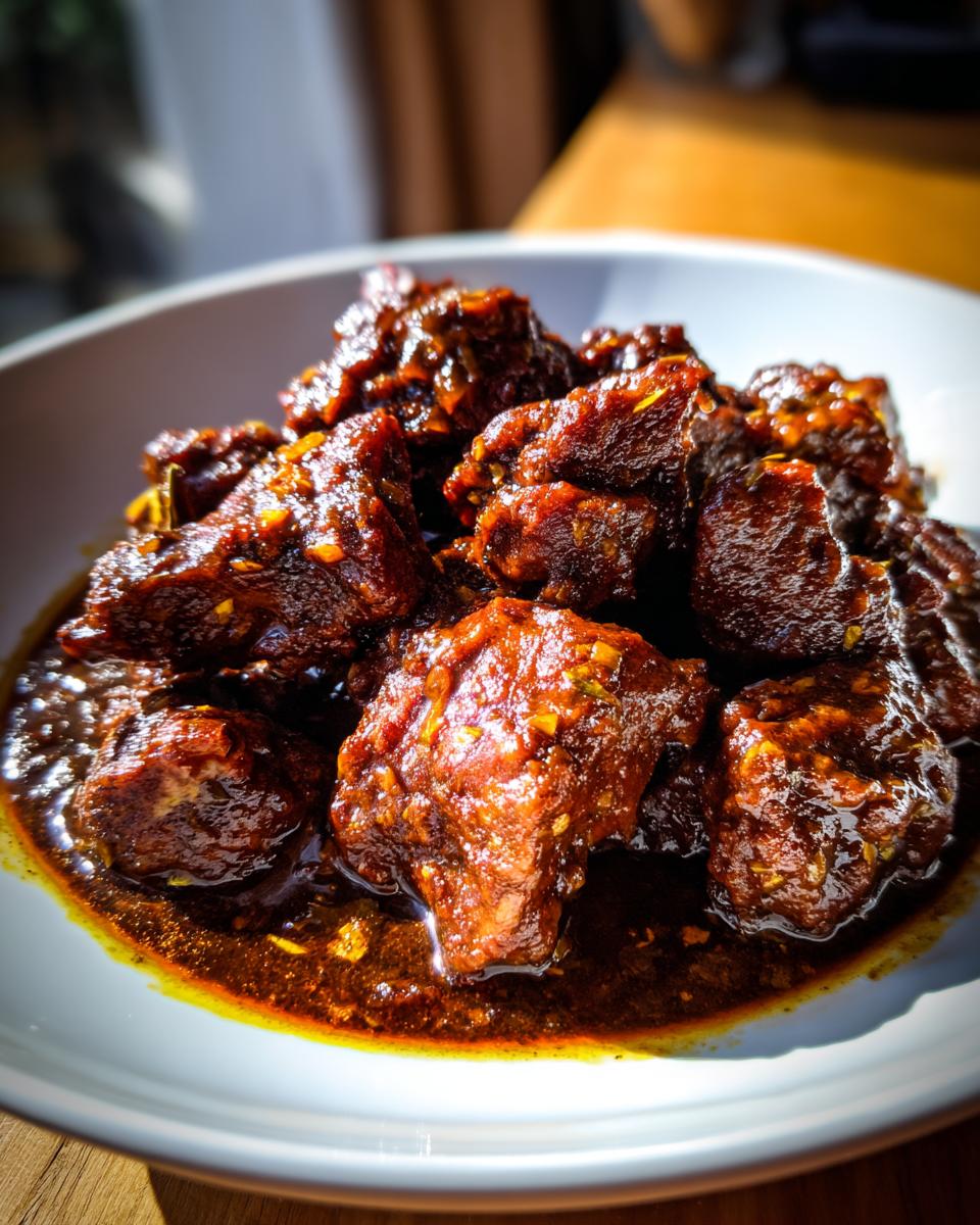Close-up of tender chicken pieces coated in a dark, rich chicken mole sauce in a white bowl.
