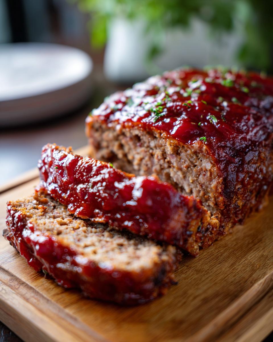 A close-up of a classic meatloaf, glazed with a rich tomato sauce and sprinkled with fresh parsley, sliced on a wooden cutting board.