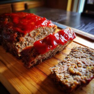 A close-up of a moist and tender classic meatloaf, topped with ketchup glaze, with a slice cut and ready to serve.