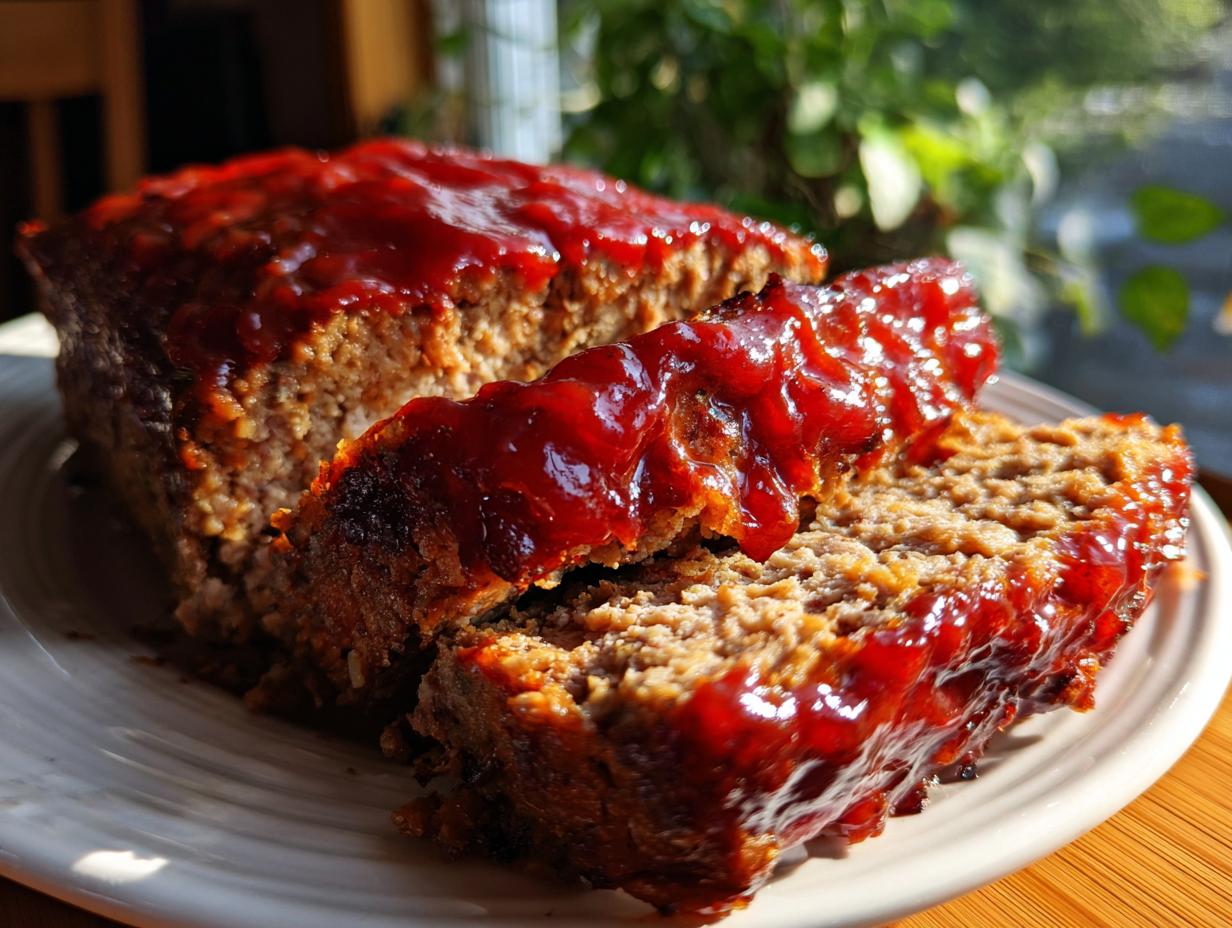 Close-up of a classic meatloaf, sliced and topped with a glossy ketchup glaze. Moist and tender texture visible.