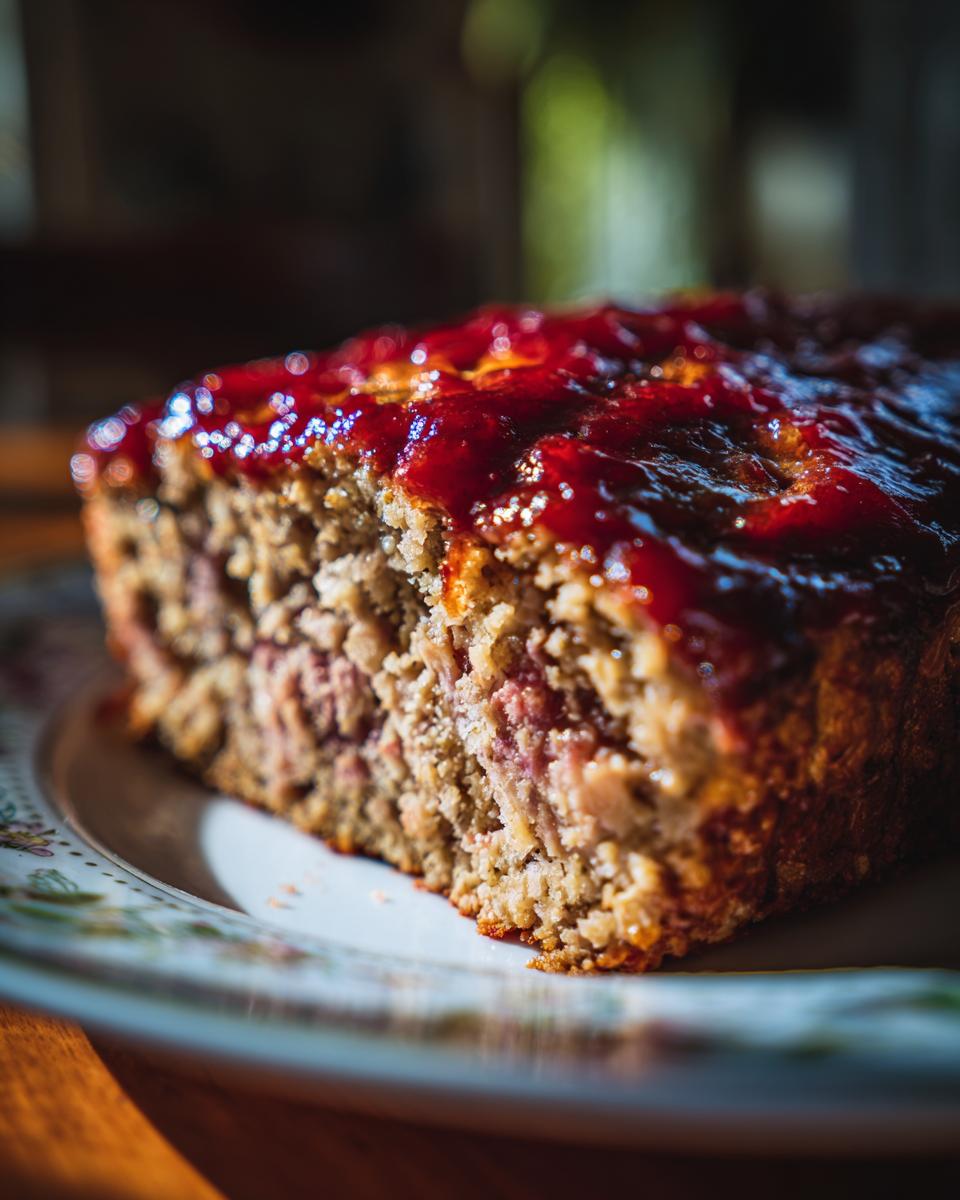 A close-up of a moist slice of classic meatloaf topped with a shiny red glaze, served on a decorative plate.