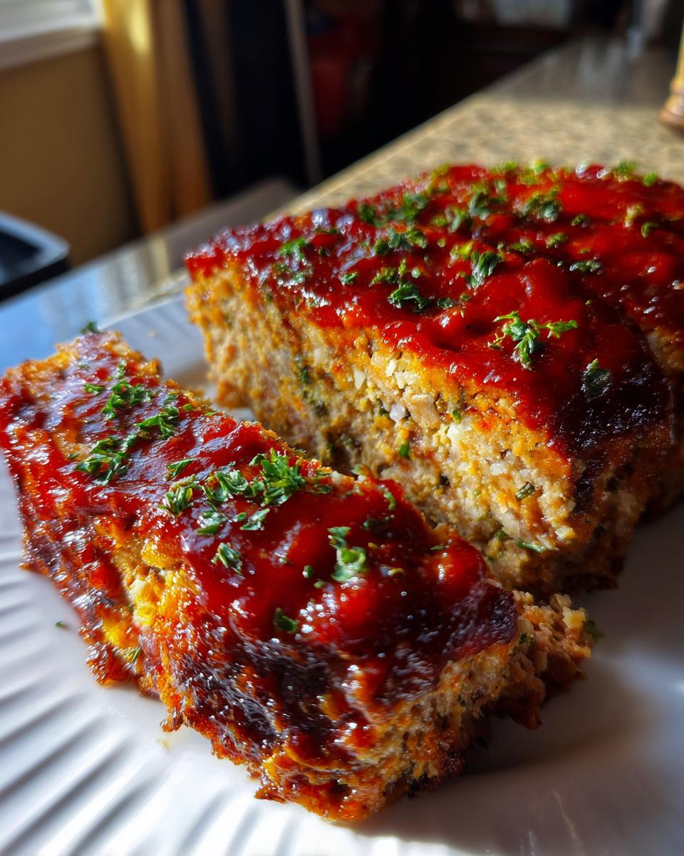 A slice of classic meatloaf topped with a glossy glaze and fresh parsley, ready to be served.