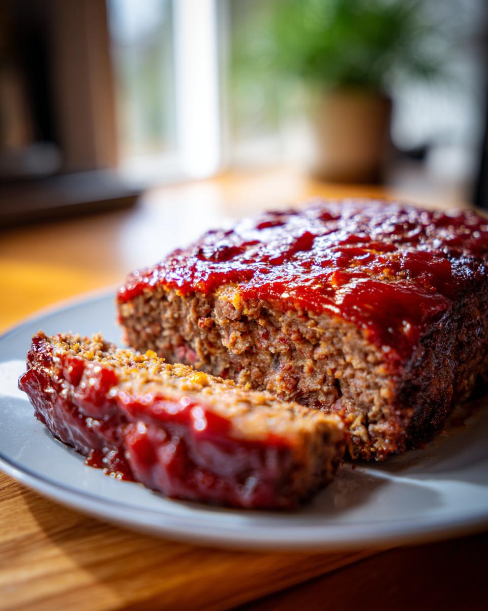 A slice of classic meatloaf, glazed with a rich tomato sauce, on a plate.
