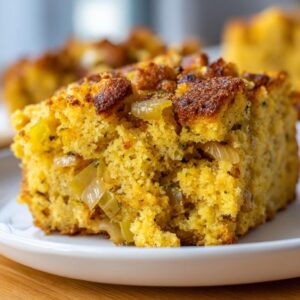 A close-up of a moist slice of cornbread stuffing with visible pieces of onion and herbs.