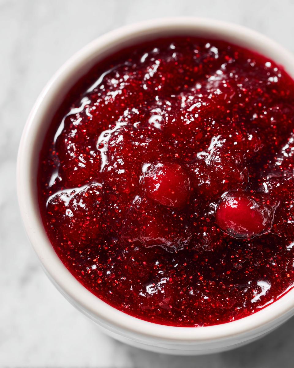 Close-up of a bowl filled with glistening, ruby-red cranberry sauce, featuring whole cranberries.