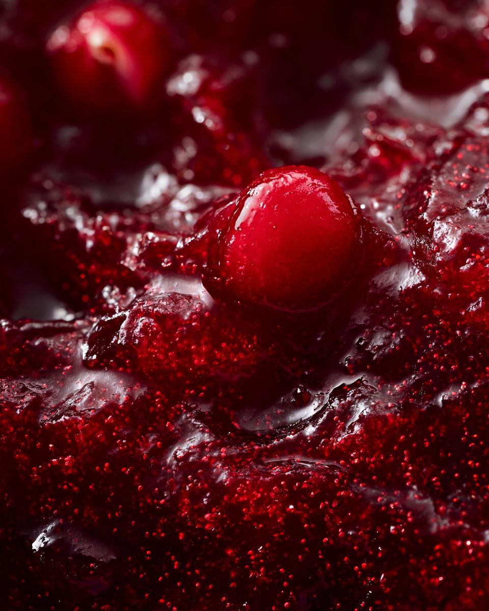 A close-up macro shot of glistening, homemade cranberry sauce with whole cranberries visible.