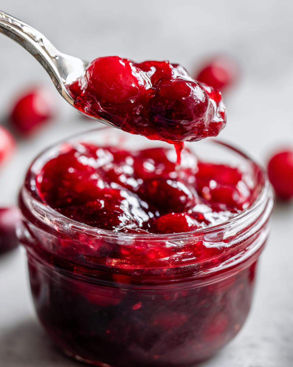 A spoonful of glistening, homemade cranberry sauce with whole cranberries, ready to be served.