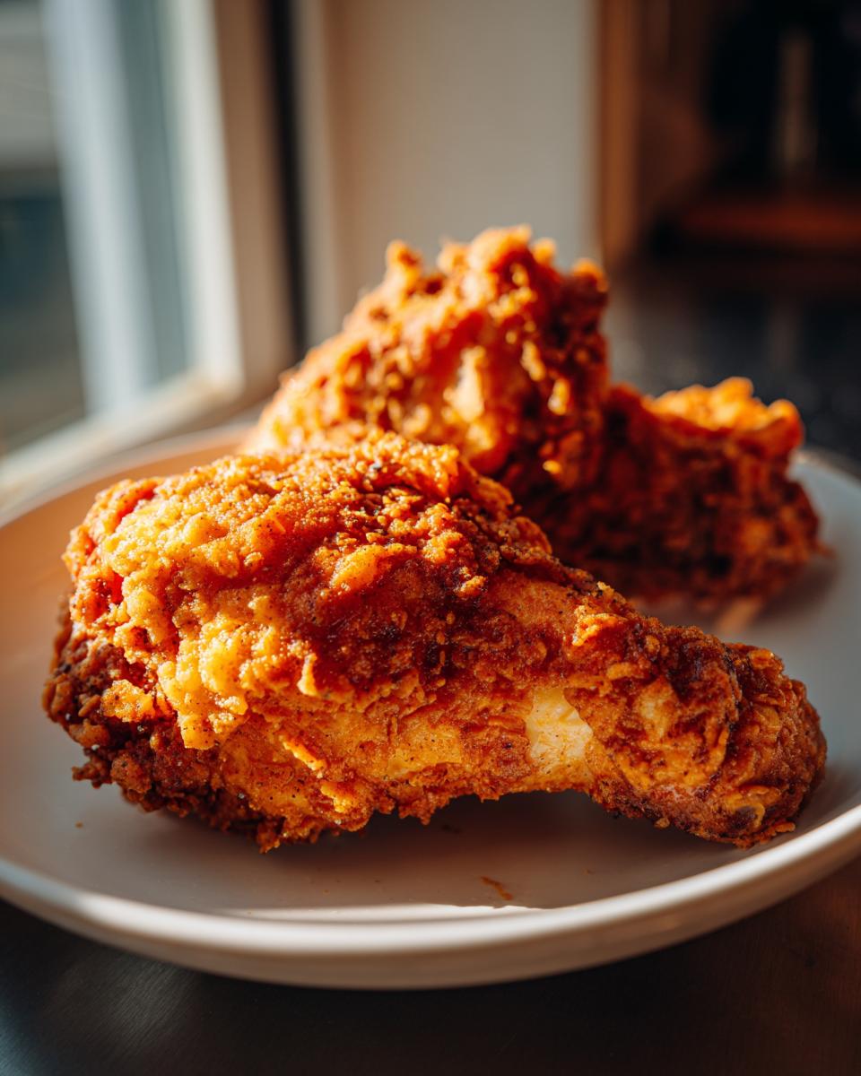 Close-up of a perfectly golden and crispy fried chicken drumstick on a white plate.