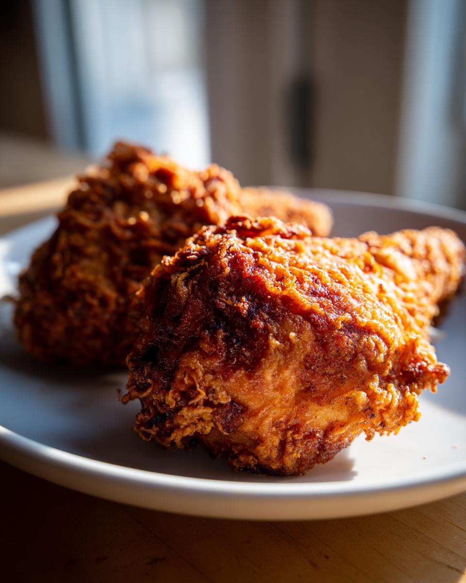 Close-up of two golden-brown, crispy fried chicken drumsticks on a white plate, bathed in sunlight.