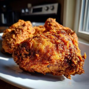 Close-up of perfectly golden and crispy fried chicken pieces on a white plate, bathed in sunlight.