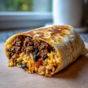 A close-up of a delicious beef burrito filled with seasoned ground beef, rice, and black beans, grilled to perfection.