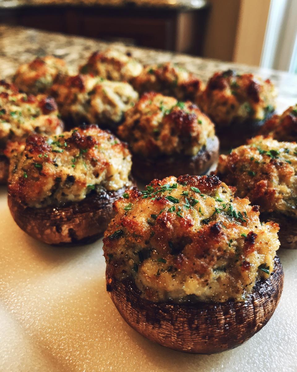 Close-up of golden brown stuffed mushrooms, generously filled and sprinkled with fresh parsley.