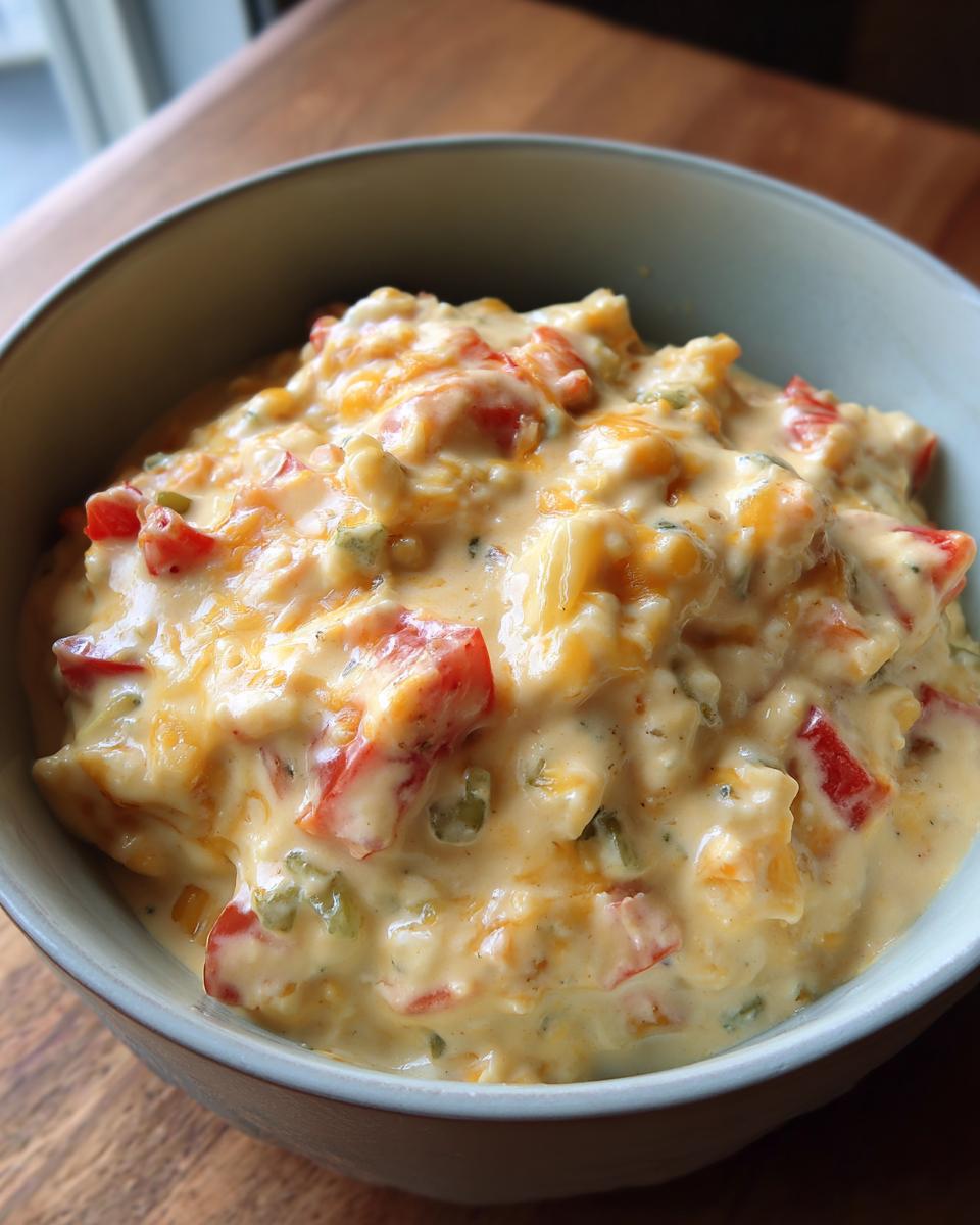 A close-up shot of a bowl filled with creamy, cheesy Queso dip with visible chunks of tomatoes and peppers.