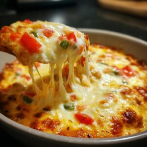 A spoonful of cheesy queso dip, with melted cheese stretching, showing diced tomatoes and peppers.