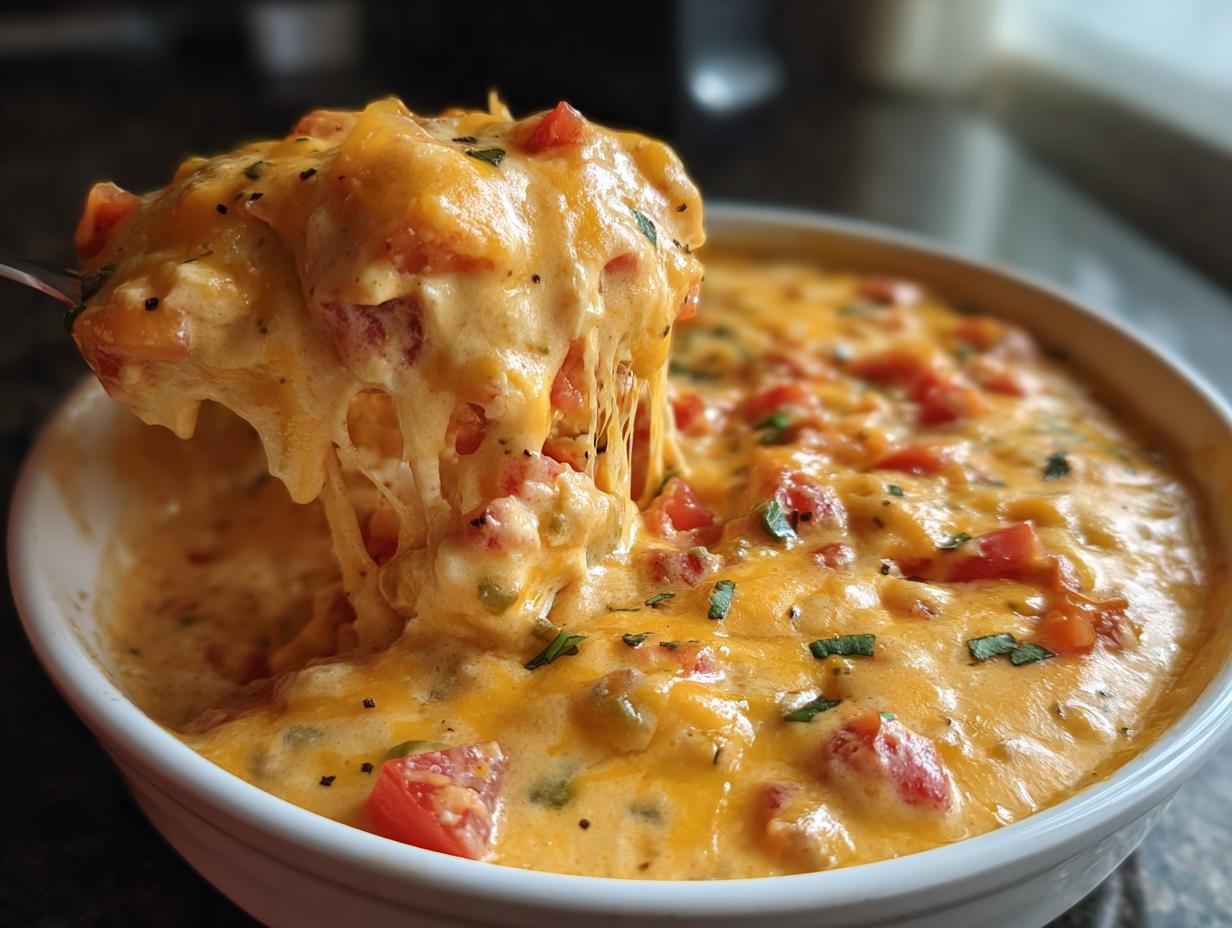 A spoonful of hot, gooey Queso dip with melted cheese stretching, mixed with tomatoes and herbs.