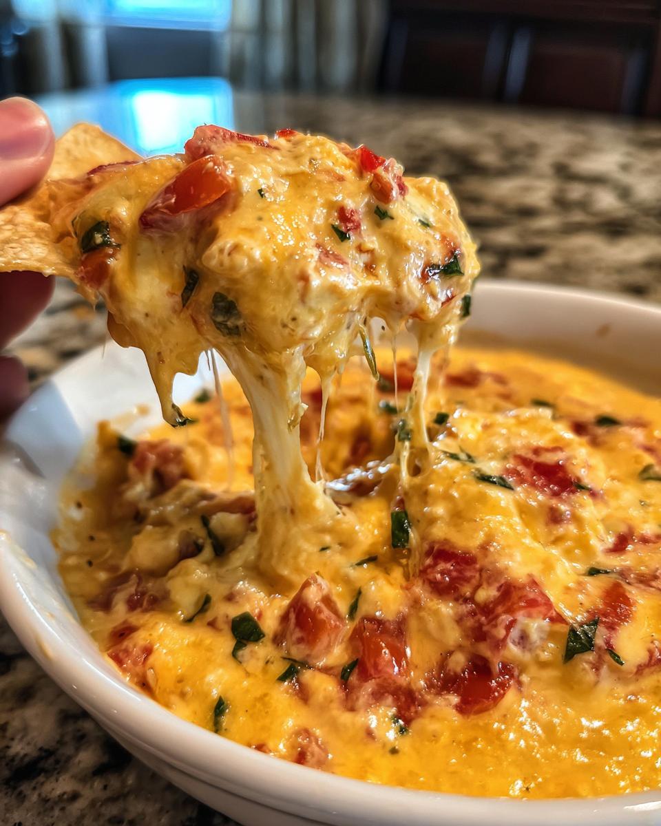 A tortilla chip scooping up gooey, stretchy queso dip with visible chunks of tomatoes and green herbs.