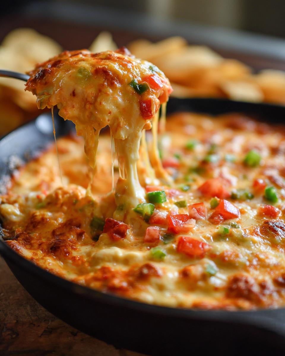 A spoonful of gooey, stretchy queso dip with diced tomatoes and jalapenos, ready to be served with chips.