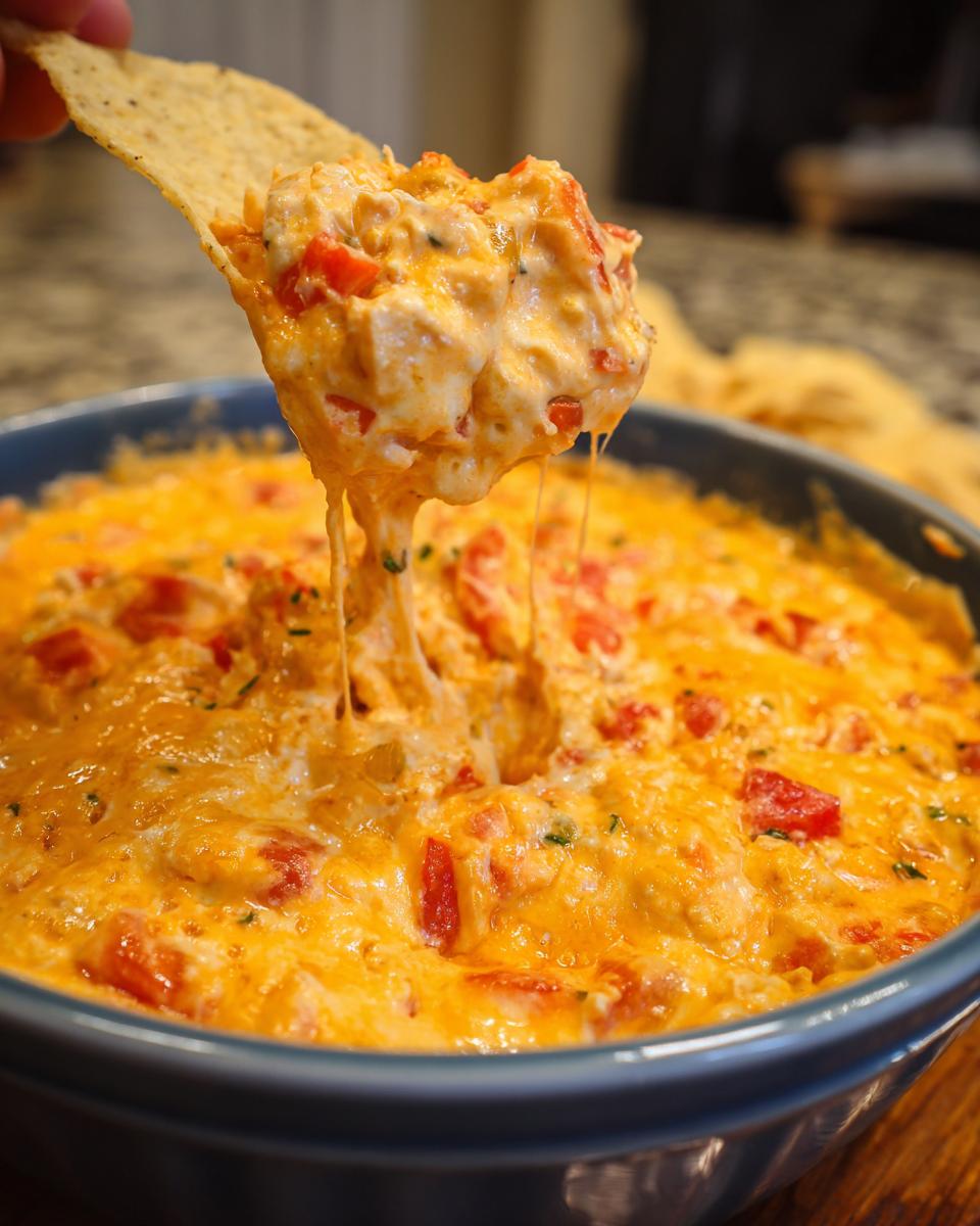 A tortilla chip is lifted from a bowl of gooey, cheesy queso dip with tomatoes and herbs.