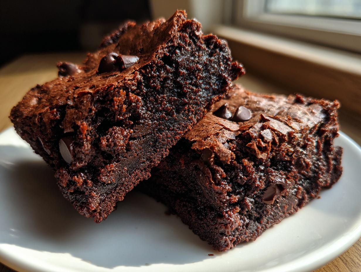 Close-up of two rich espresso brownies topped with chocolate chips, served on a white plate.