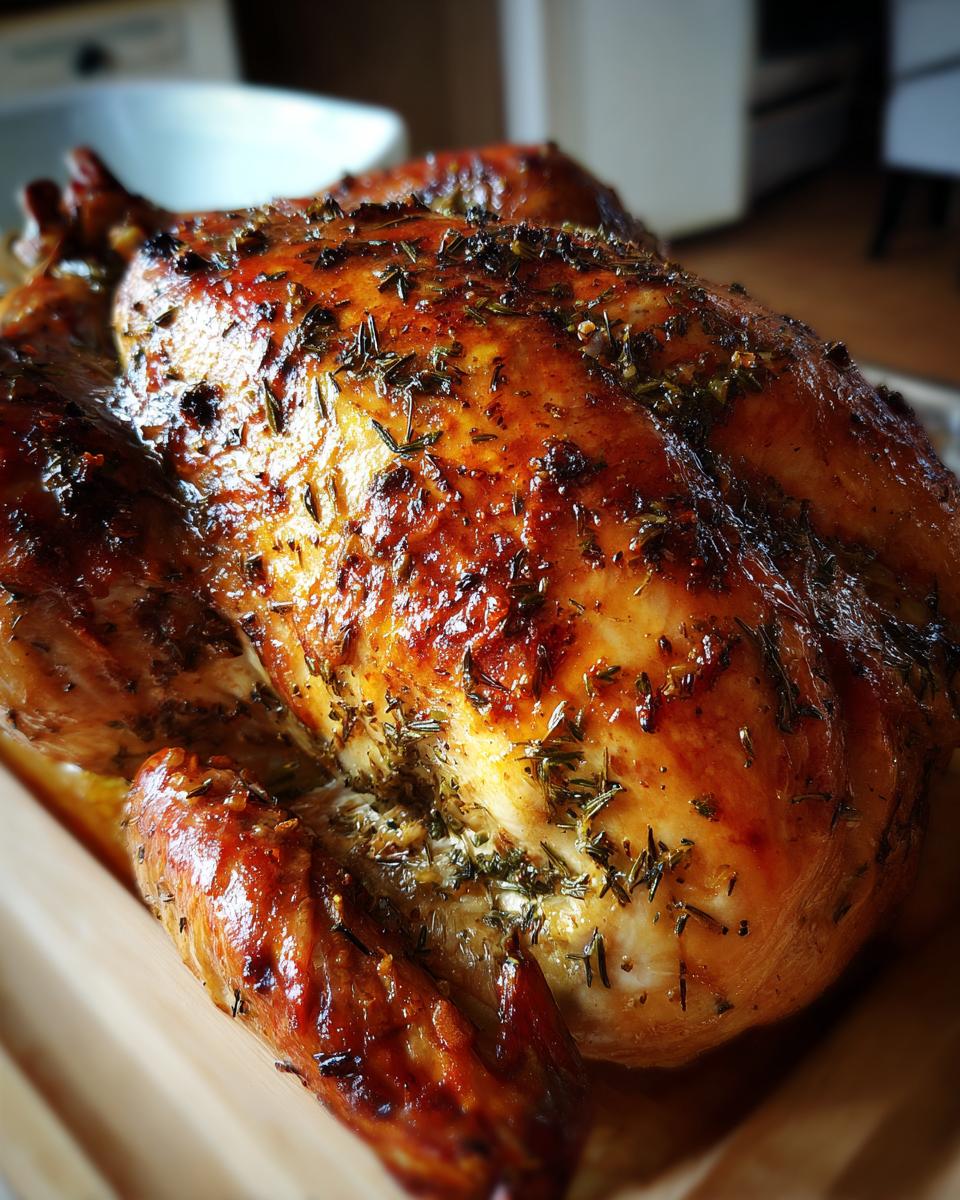 Close-up of a perfectly cooked, golden-brown roast turkey seasoned with herbs.
