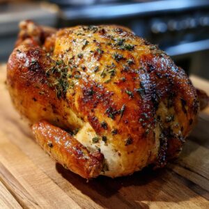 A perfectly golden brown roast turkey seasoned with fresh herbs, resting on a wooden cutting board.