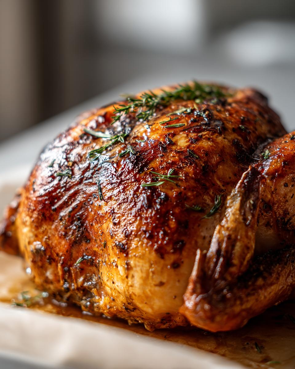 A beautifully golden-brown roast turkey, glistening and seasoned with fresh herbs.