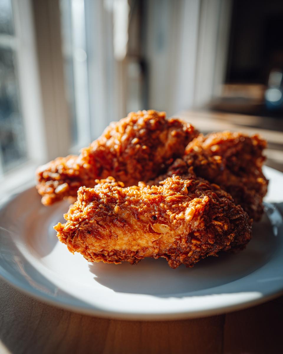 Close-up of three golden-brown, crispy pieces of fried chicken on a white plate.
