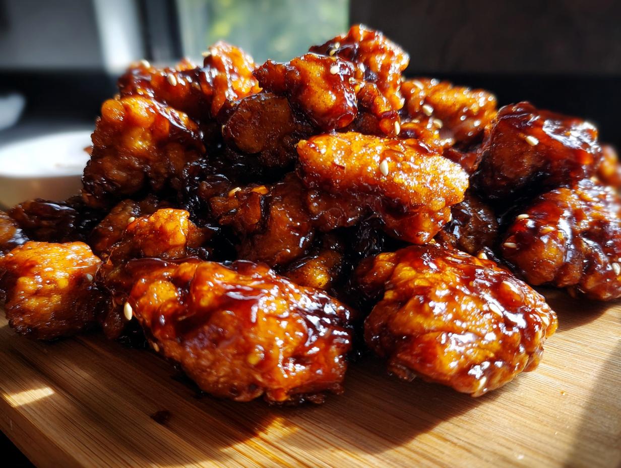 Close-up of a pile of crispy General Tso's chicken pieces coated in a glossy, dark sauce and sprinkled with sesame seeds.