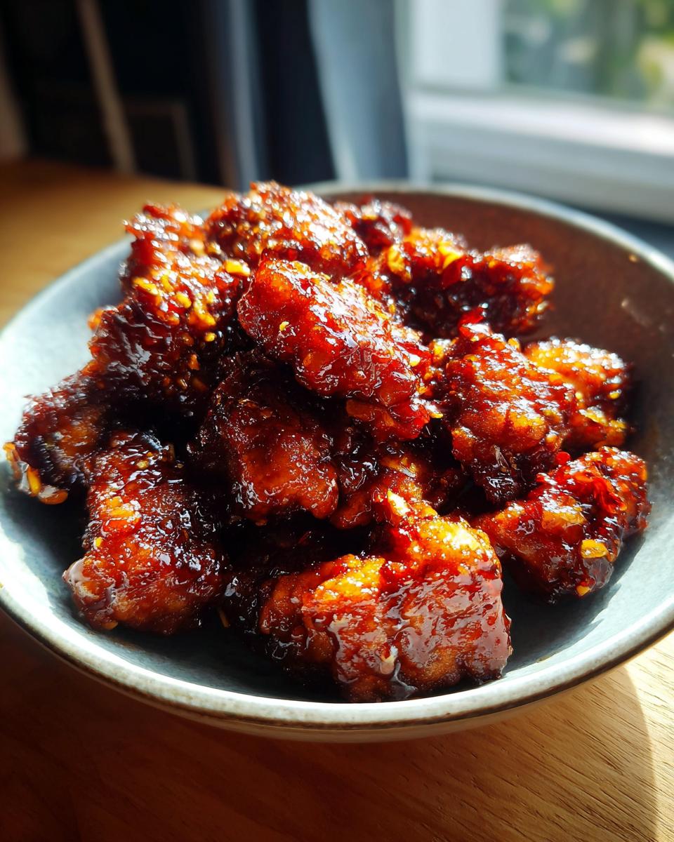 A close-up of crispy General Tso's chicken pieces coated in a glossy, reddish-brown sauce with visible chili flakes.