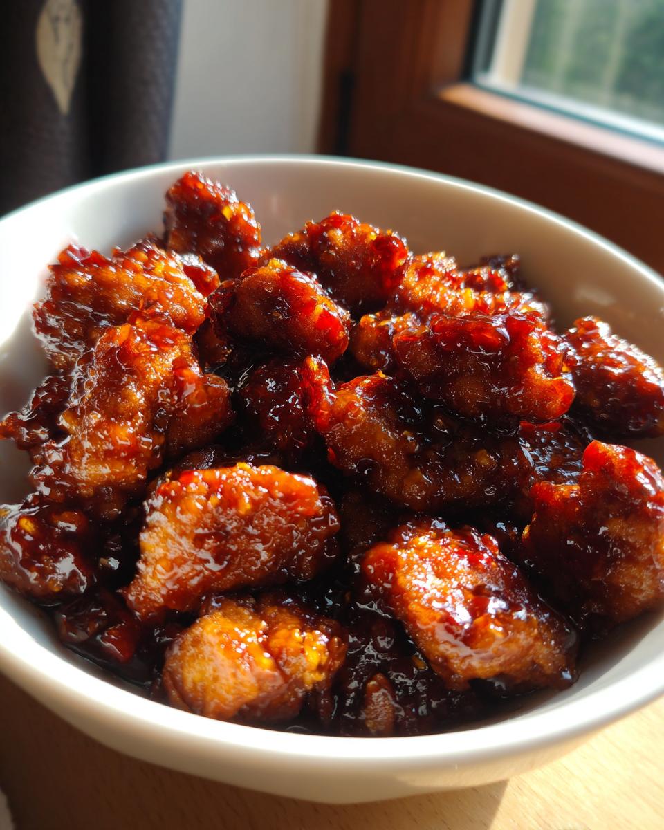A close-up of a white bowl filled with glistening General Tso's chicken pieces coated in a rich, dark sauce.