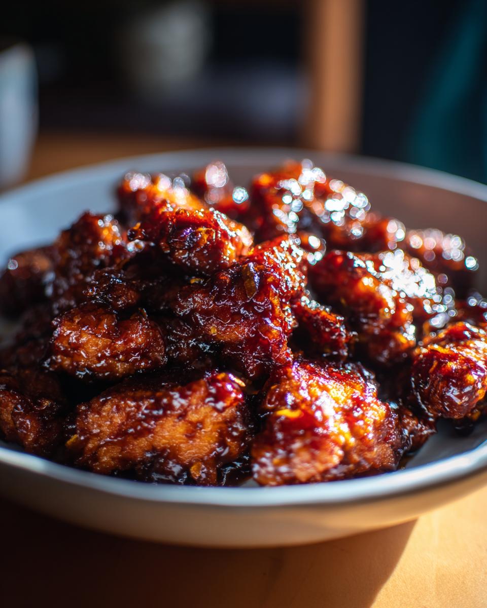 A close-up shot of glistening General Tso's chicken pieces coated in a dark, savory sauce.