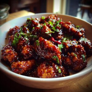 A bowl of glistening General Tso's chicken pieces coated in a rich, dark sauce and sprinkled with fresh parsley.