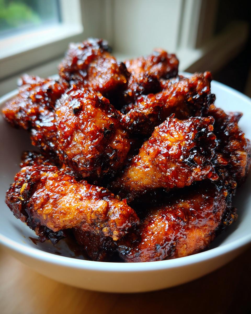 A close-up of a white bowl filled with glistening General Tso's chicken wings, coated in a rich, dark sauce.