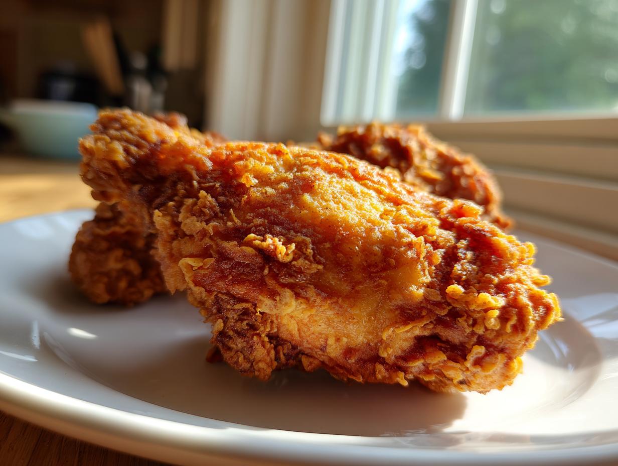 Close-up of crispy, golden fried chicken pieces on a white plate, ready to be enjoyed.