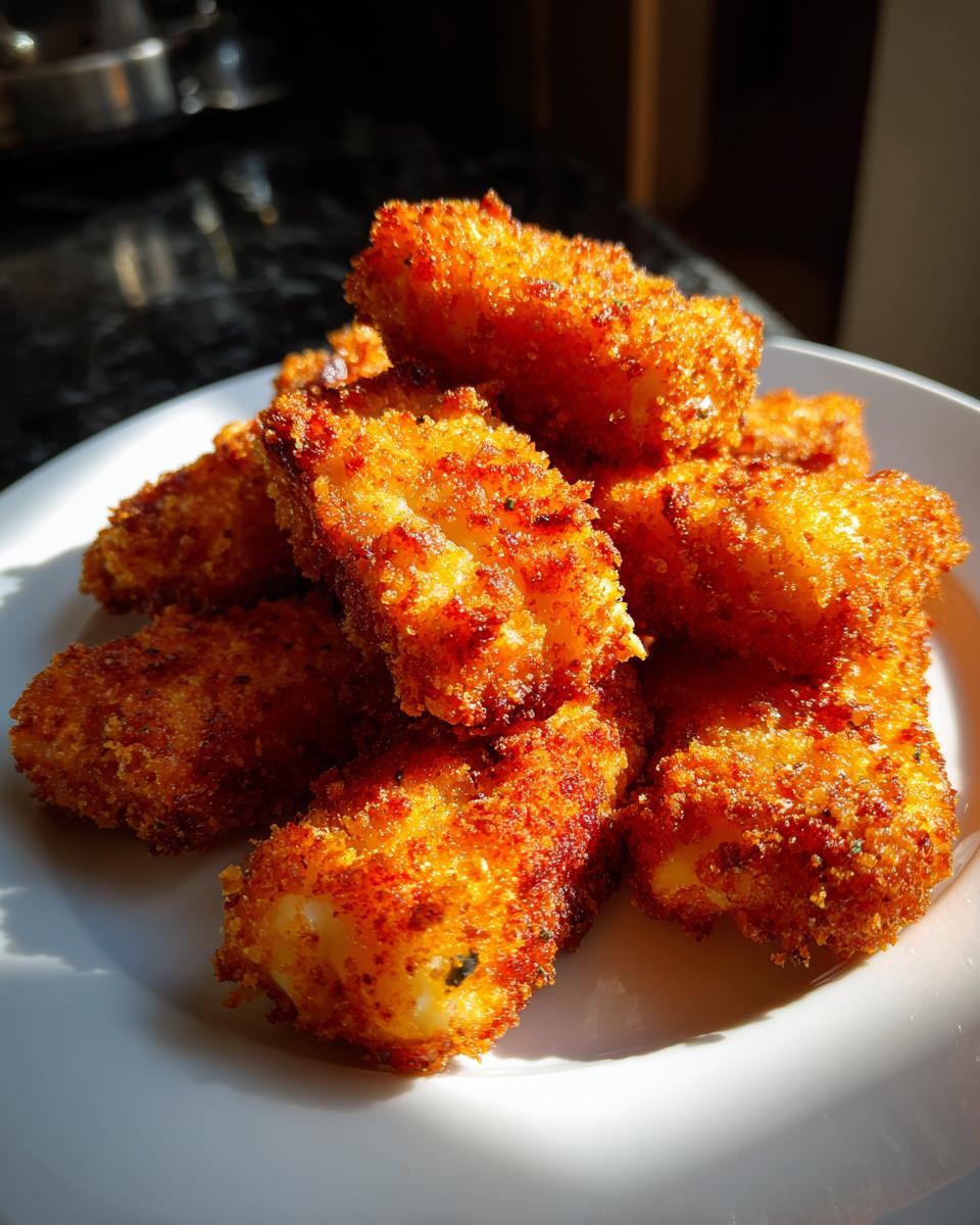 A pile of golden-brown, breaded mozzarella sticks on a white plate, showcasing their crispy exterior and gooey cheese.