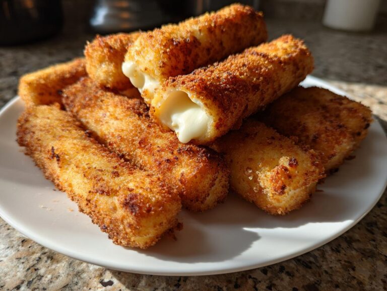 A pile of golden brown, crispy mozzarella sticks on a white plate, with one broken to reveal melted cheese.