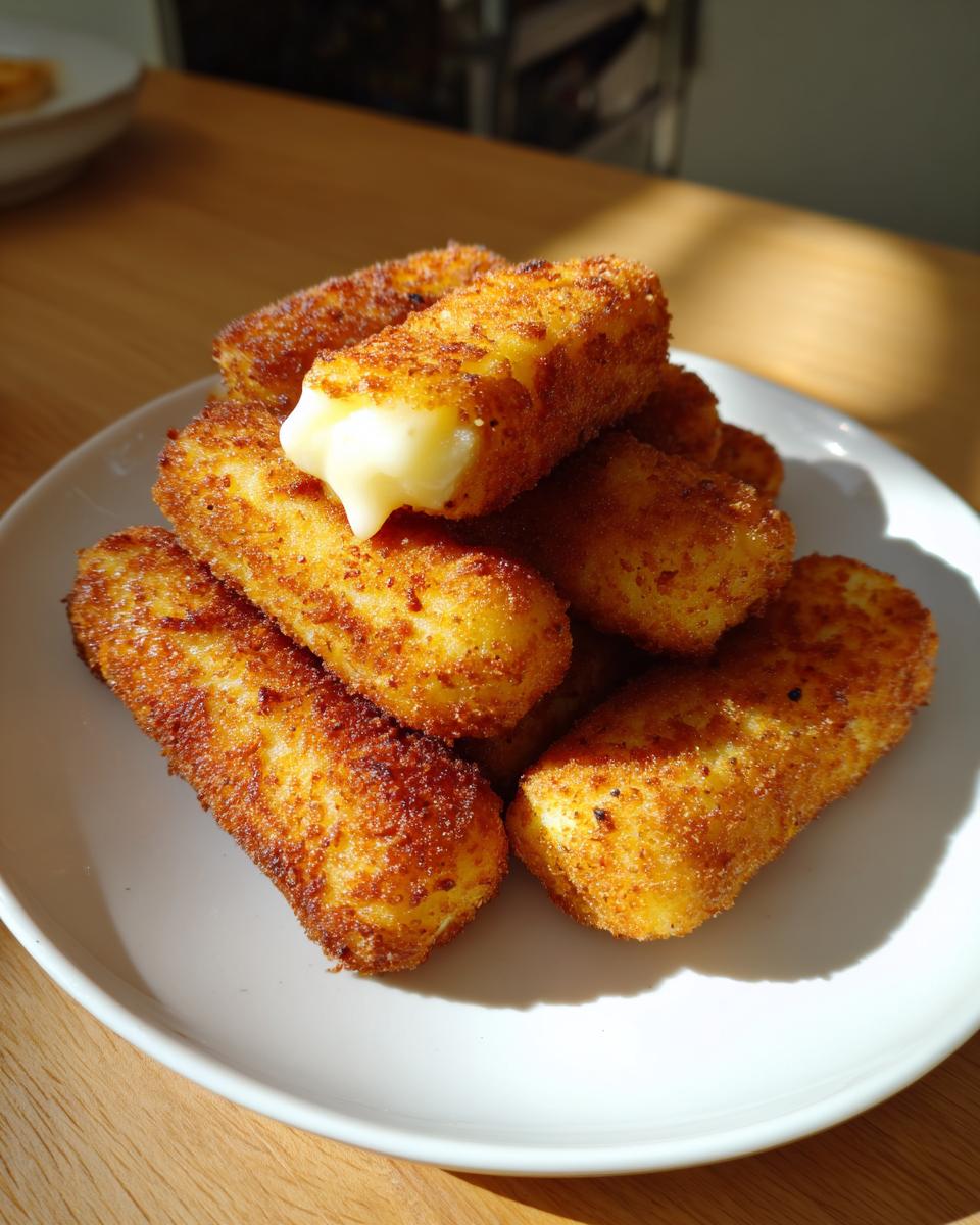 A pile of golden-brown, crispy mozzarella sticks on a white plate, with one showing a gooey, melted cheese center.