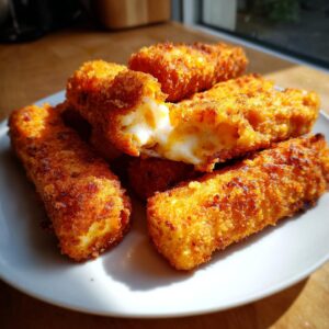 A plate of golden brown, crispy mozzarella sticks, with one broken open to reveal gooey melted cheese.
