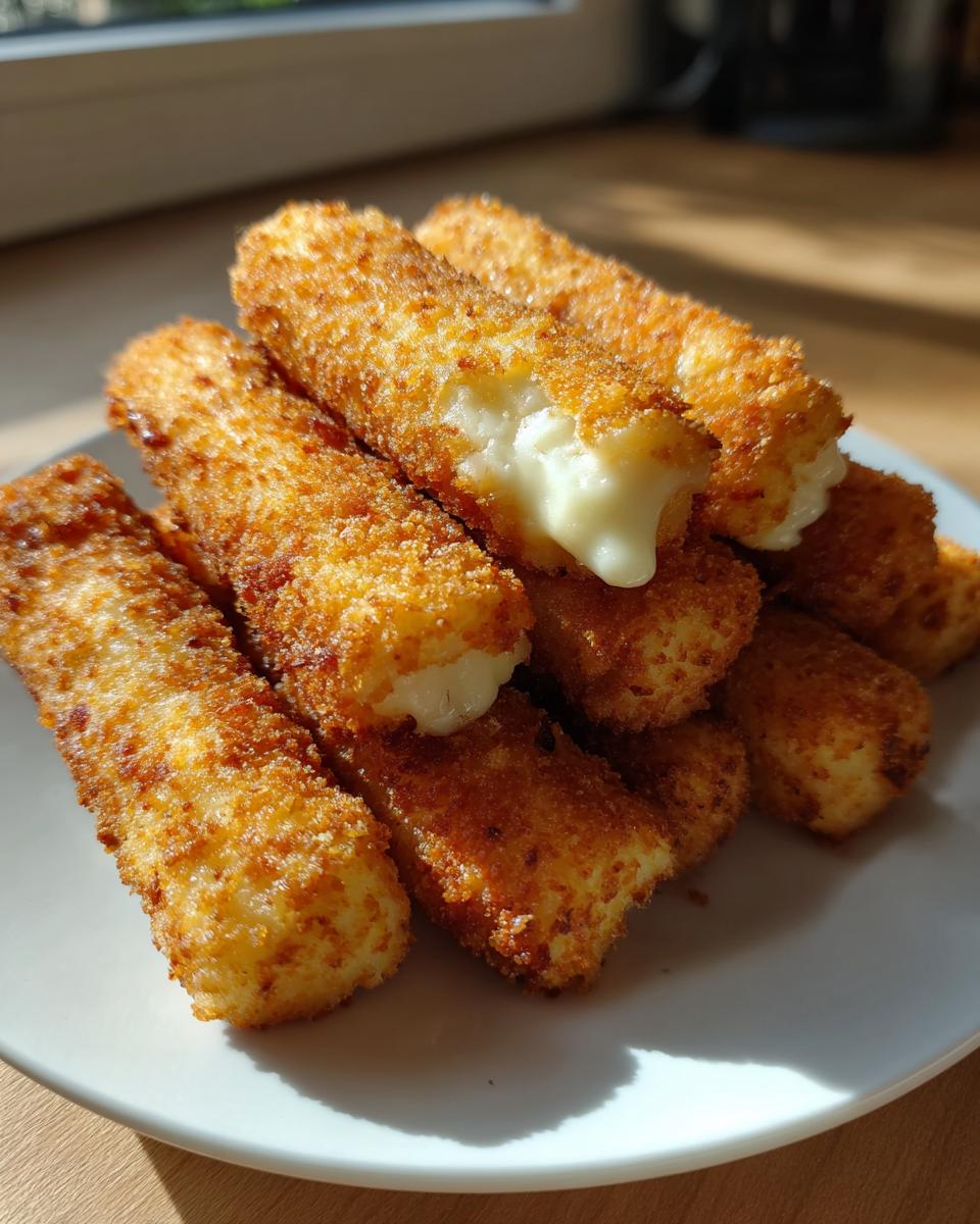 A pile of golden brown mozzarella sticks on a white plate, with one broken open showing gooey melted cheese.