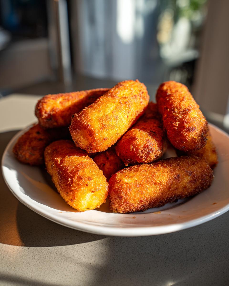 A pile of golden-brown, crispy mozzarella sticks on a white plate, ready to be enjoyed.