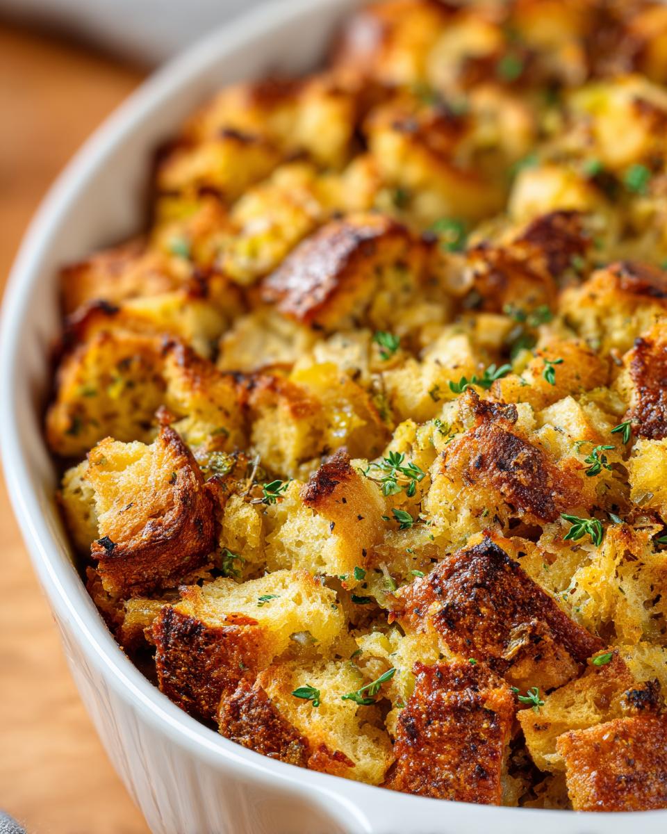 Close-up of freshly baked Grandma's Amazing 1-Hour Stuffing in a white baking dish, garnished with fresh thyme.