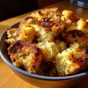 Close-up of golden brown, herb-flecked bread cubes in a bowl, ready for Grandma's Amazing 1-Hour Stuffing.