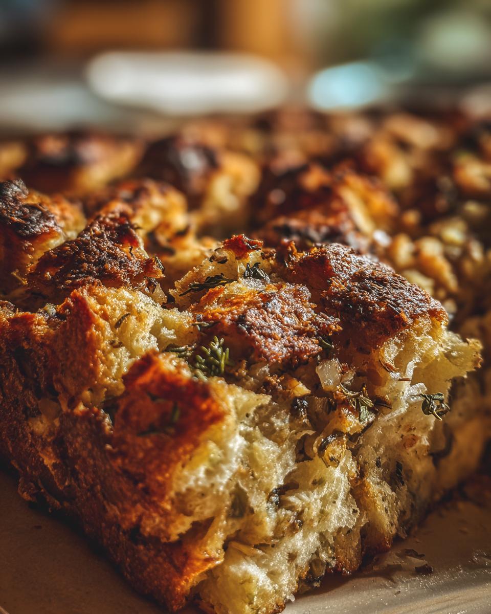 Close-up of a freshly baked piece of Grandma's Amazing 1-Hour Stuffing, showing golden-brown crust and herbs.