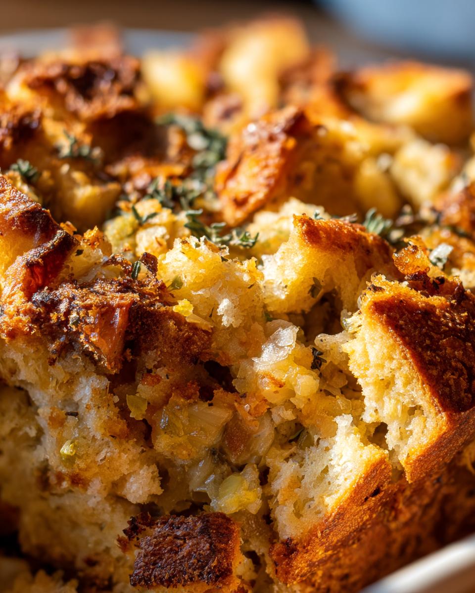 Close-up of delicious homemade stuffing, featuring toasted bread cubes, onions, and herbs.