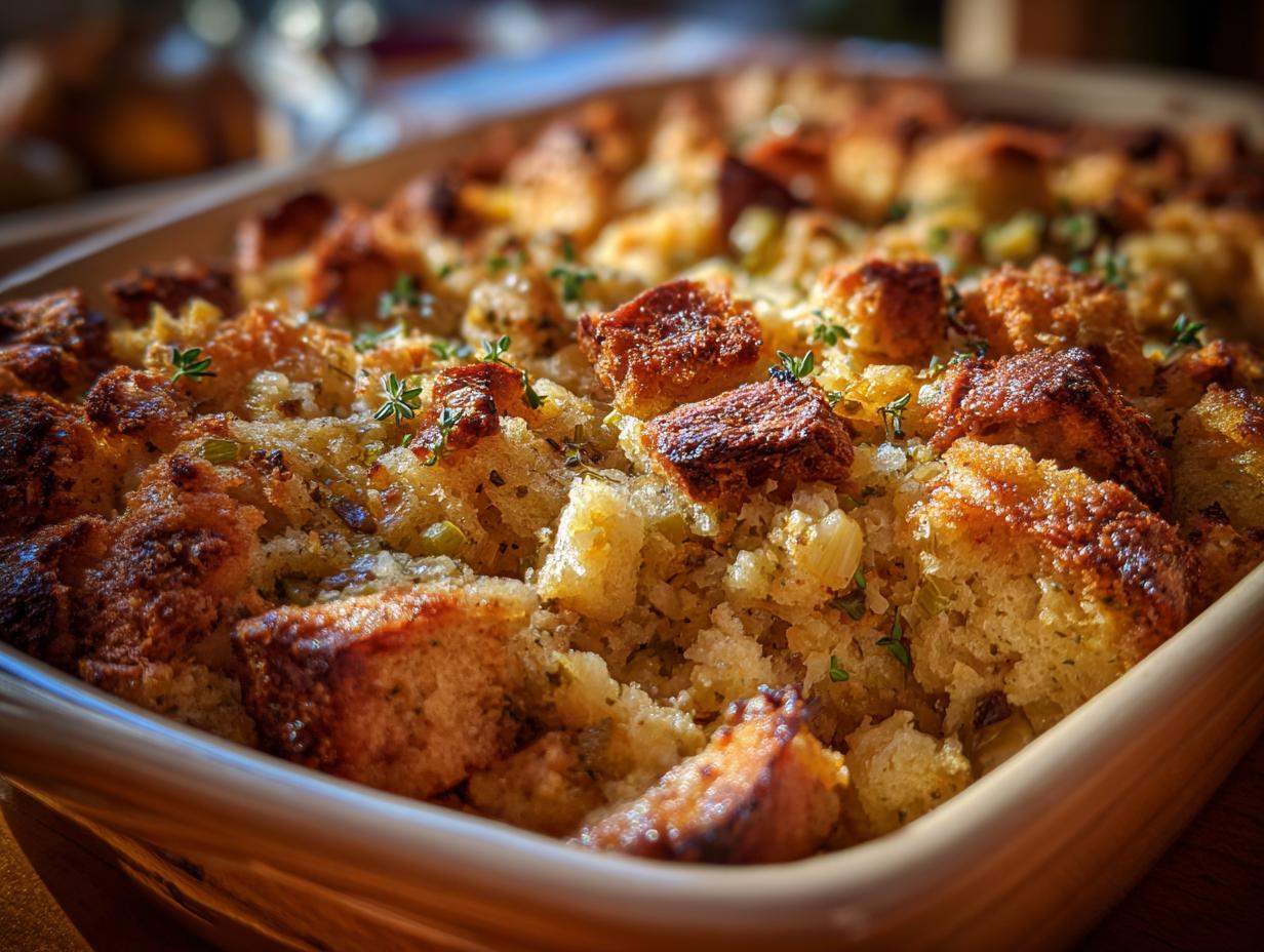 Close-up of freshly baked Grandma's Amazing 1-Hour Stuffing in a baking dish, garnished with fresh thyme.