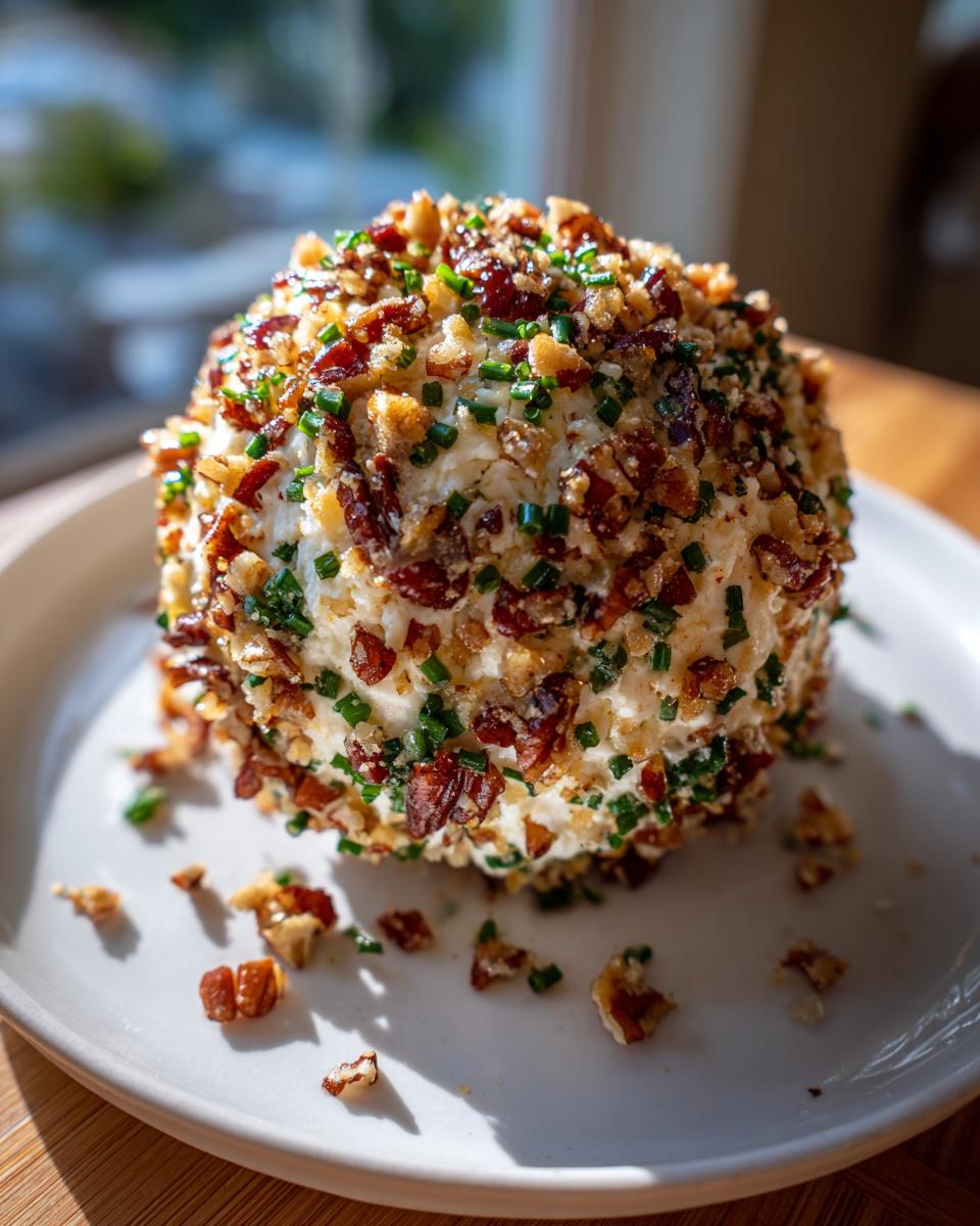 A delicious cheese ball coated in crumbled bacon, nuts, and chives, sitting on a white plate.