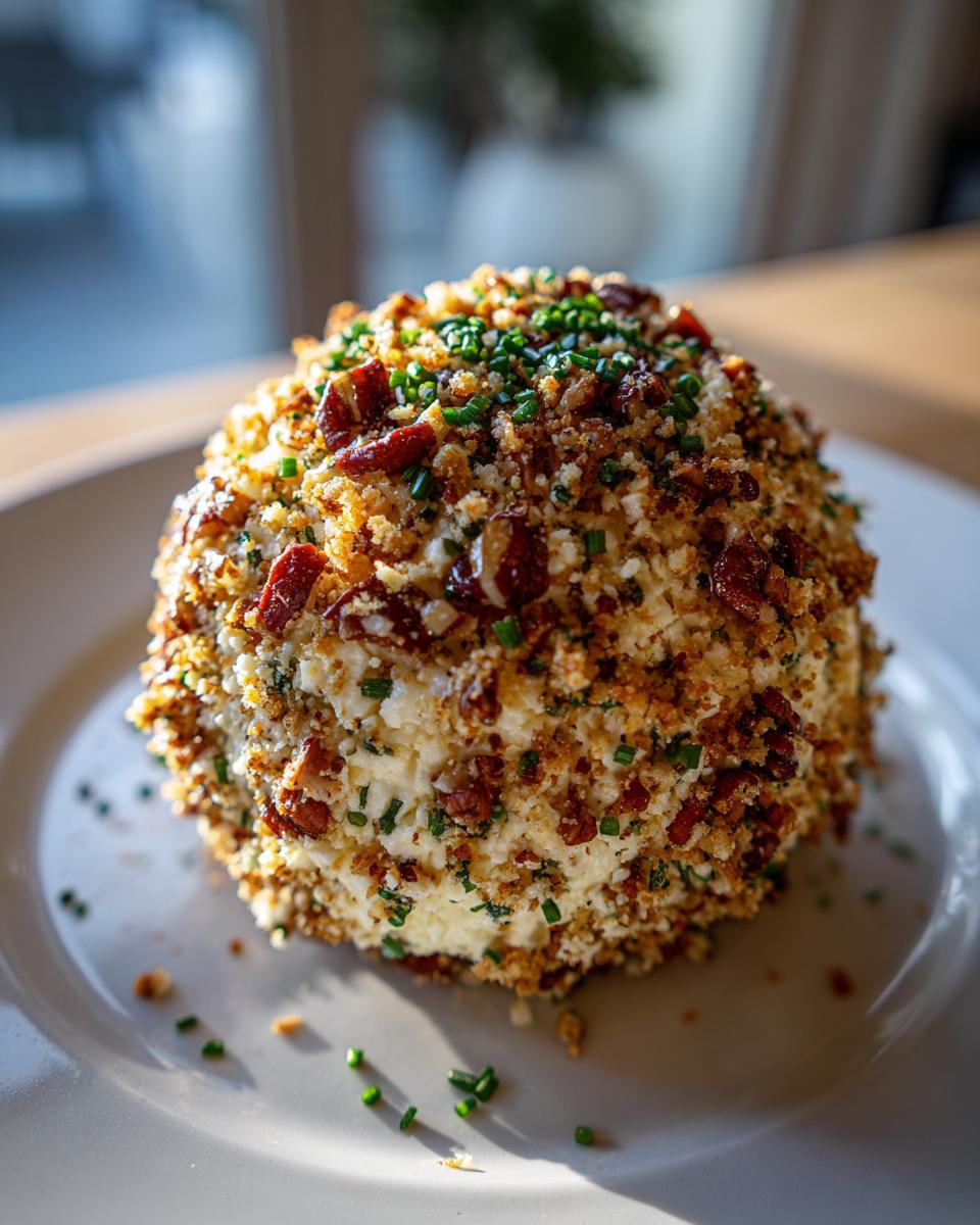 A close-up of Grandma's amazing cheese ball, coated in nuts, bacon, and chives, on a white plate.