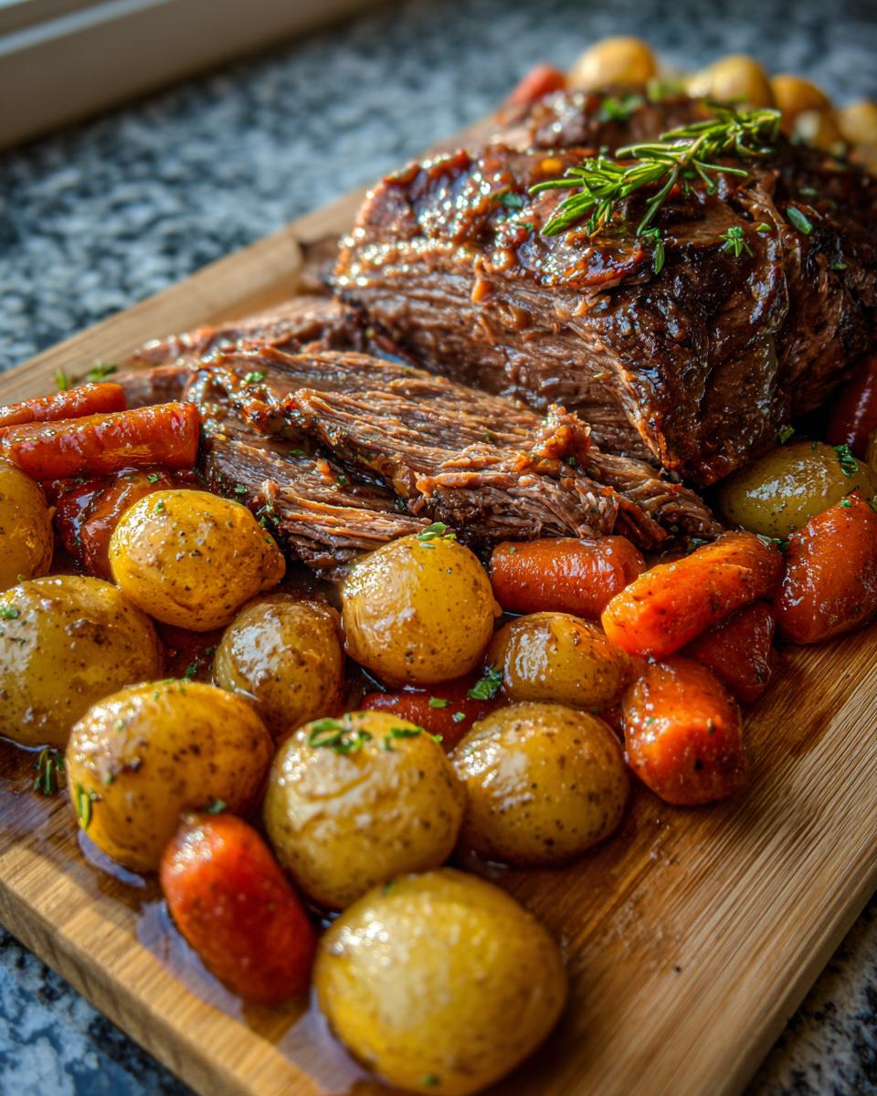 A beautifully cooked pot roast, sliced and served with roasted potatoes and carrots on a wooden board.