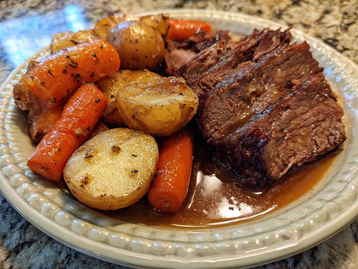A plate of tender Grandma's Amazing Pot Roast served with roasted potatoes and carrots in a rich gravy.